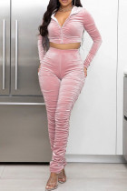 Pink Fashion Casual Solid Fold Zipper Collar Long Sleeve Two Pieces Cropped Jackets And Pants Sets