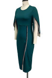 Groene elegante effen kwastjes patchwork asymmetrische O-hals jurken