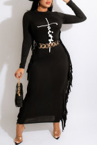 Черные повседневные платья-юбки с кисточками и круглым вырезом в стиле пэчворк (без пояса)