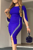 Blue Elegant Solid Tassel Patchwork Asymmetrical O Neck Dresses