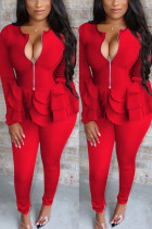Röd Mode Sexiga Kändisar Patchwork Solid Tvådelad Kostym Långärmad Tvådelad