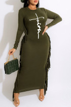 グリーン カジュアル プリント タッセル パッチワーク O ネック ワン ステップ スカート ドレス (ベルトなし)