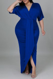 Robes de grande taille droites à col en V asymétriques en patchwork uni bleu sexy