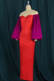 Rotes Mode-Patchwork-Abendkleid mit festem Schlitz und V-Ausschnitt