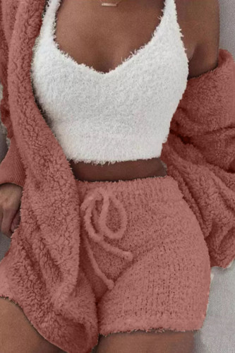 Deep Pink Casual Solid Patchwork Hooded Collar Long Sleeve Three Pieces