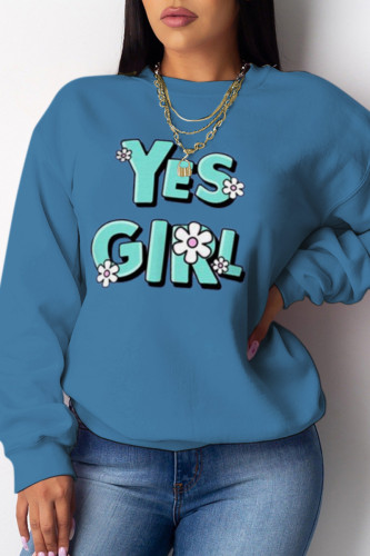 Blue Fashion Street Print Patchwork O Neck Tops