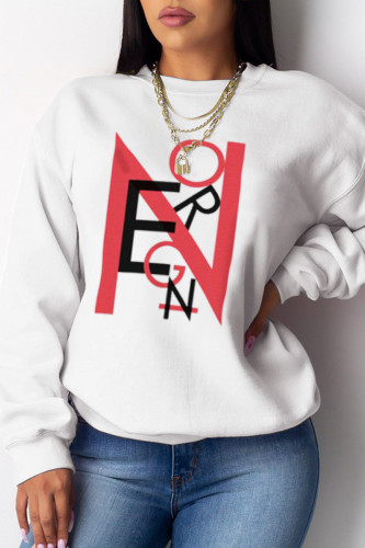 White Casual Street Print Patchwork Letter O Neck Tops