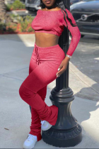 Watermelon Red Sexy Solid Split Joint Off the Shoulder Long Sleeve Two Pieces