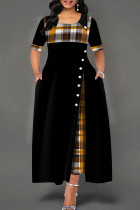 Schwarzes, modisches, lässiges Patchwork-Kleid mit O-Ausschnitt und kurzen Ärmeln