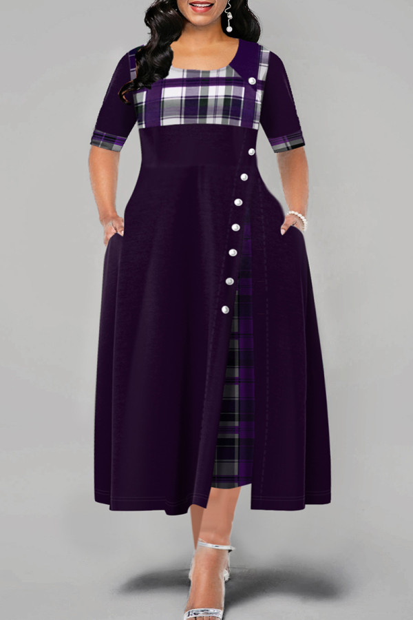 Paarse mode-casual print patchwork jurk met O-hals en korte mouwen