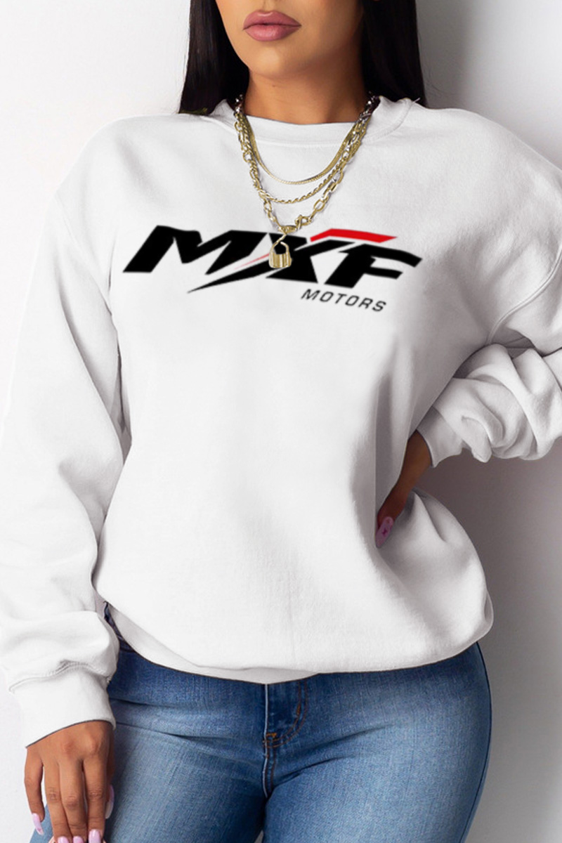 

White Casual Sportswear Print Split Joint O Neck Tops