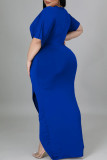 Vestidos plus size azuis sensuais de retalhos sólidos assimétricos com decote em V