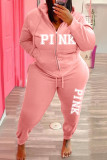 ピンクのファッションカジュアルレタープリントベーシックフード付きカラープラスサイズツーピース