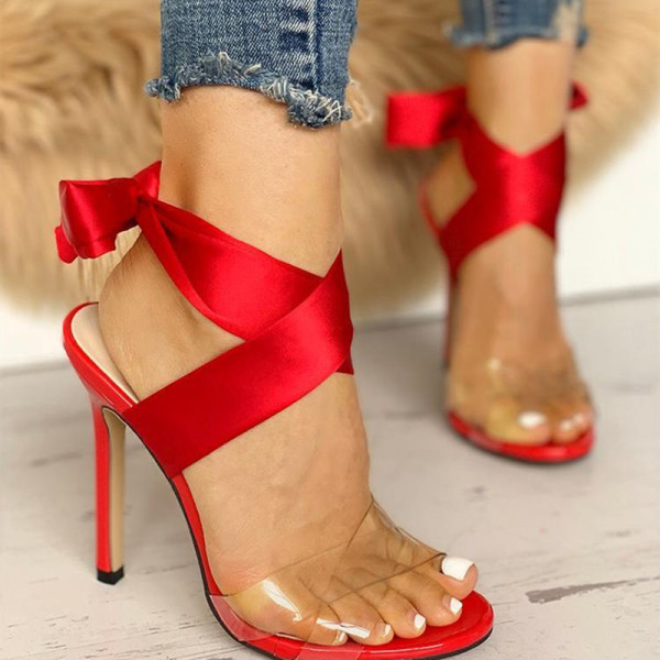 Sandalias moda casual vendaje ahuecado patchwork tacón alto rojo