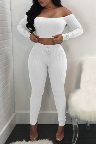 White Casual Solid Patchwork Off the Shoulder Long Sleeve Two Pieces