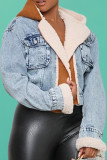 Baby Blue Fashion Casual Patchwork Pocket Hooded Collar Long Sleeve Regular Denim Jacket
