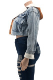 Giacca di jeans regolare a maniche lunghe con colletto con cappuccio e tasca patchwork casual alla moda blu bambino