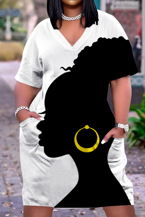 Черно-белое модное повседневное платье с принтом и коротким рукавом с v-образным вырезом