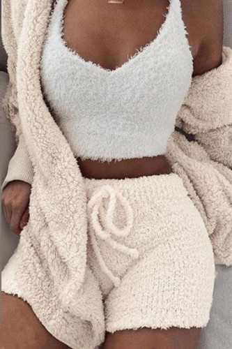 Cream White Casual Solid Patchwork Hooded Collar Long Sleeve Three Pieces