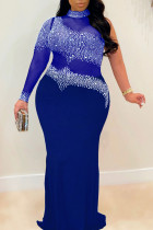 Синее сексуальное прозрачное вечернее платье с высоким воротником в стиле пэчворк больших размеров