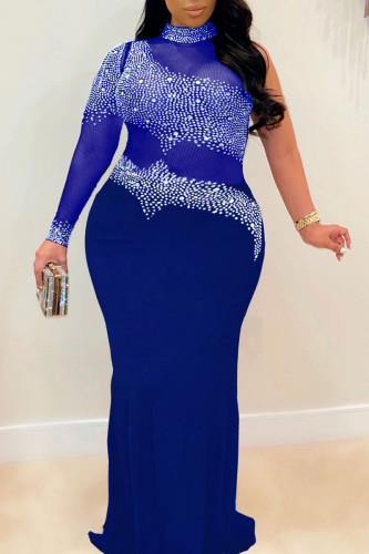 Vestido de noche de cuello alto transparente con retazos de perforación en caliente sexy azul de talla grande