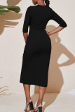 Black Sexy Solid Patchwork Frenulum Slit Fold O Neck One Step Skirt Dresses
