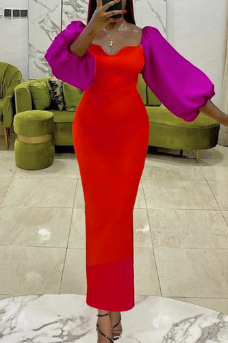 Red Fashion Patchwork Solid Slit V Neck Evening Dress