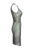 Silver Fashion Sexy Solid Bandage Hollowed Out Slit Mandarin Collar Sleeveless Dress