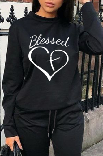 Black Fashion Casual Print Letter O Neck Tops