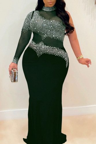 Green Sexy Plus Size Hot Drilling Split Joint See-through Turtleneck Evening Dress