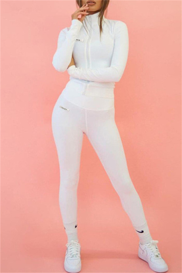 Кремовый Белый Повседневная спортивная одежда Однотонный Пэчворк Воротник-молния Длинный рукав Из двух частей