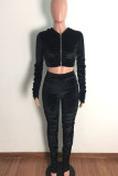 Black Sexy Casual Solid Patchwork Fold Zipper Hooded Collar Long Sleeve Two Pieces