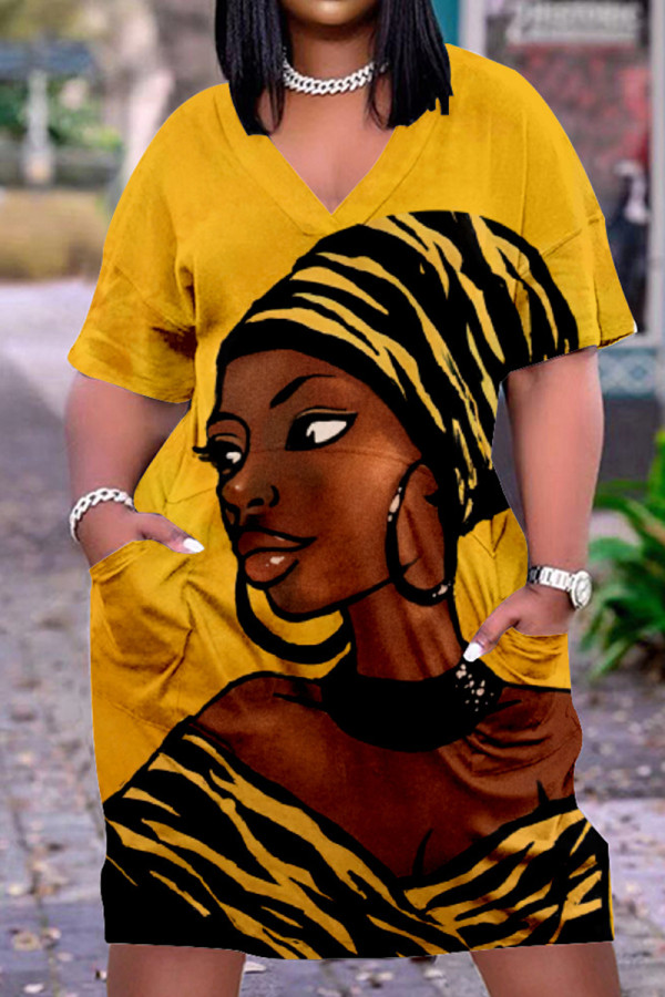 Gelb Mode Casual Print Basic V-Ausschnitt Kurzarm Kleid