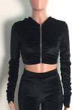 Black Sexy Casual Solid Patchwork Fold Zipper Hooded Collar Long Sleeve Two Pieces