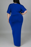 Синий сексуальный сплошной пэчворк асимметричный V-образным вырезом прямые платья больших размеров