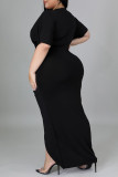 Zwarte Sexy Effen Patchwork Asymmetrische V-hals Recht Grote maten jurken