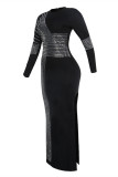 Черное модное сексуальное лоскутное горячее сверление с разрезом и круглым вырезом с длинным рукавом