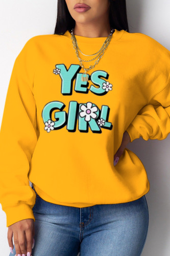 Yellow Fashion Street Print Patchwork O Neck Tops