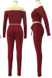 Бордовый Повседневная однотонная лоскутная рубашка из двух предметов с открытыми плечами и длинными рукавами