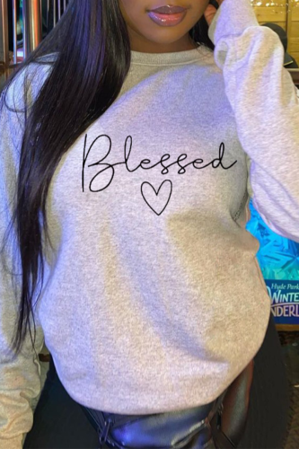 Grey Fashion Street Print Letter O Neck Tops