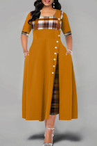 Gele mode-casual print patchwork jurk met O-hals en korte mouwen