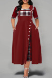 Burgunderfarbenes, modisches, lässiges Patchwork-Patchwork-Kleid mit O-Ausschnitt und kurzen Ärmeln