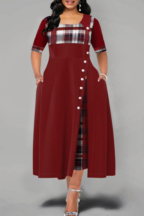 バーガンディ ファッション カジュアル プリント パッチワーク O ネック半袖ドレス