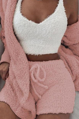 Pink Casual Solid Patchwork Hooded Collar Long Sleeve Three Pieces