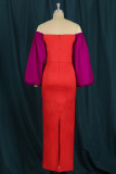 Красное модное лоскутное твердое вечернее платье с разрезом и V-образным вырезом