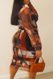 コーヒー カジュアル ソリッド パッチワーク Oネック ペンシル スカート プラスサイズ ドレス