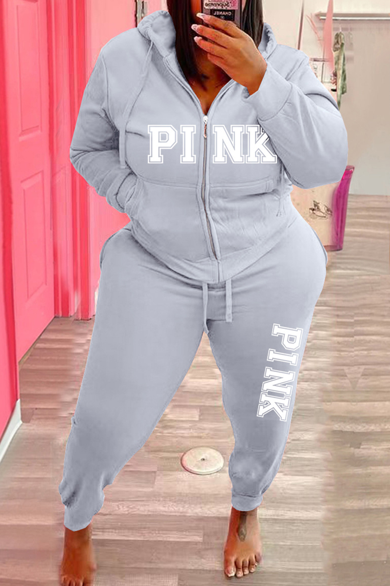 

Grey Fashion Casual Letter Print Basic Hooded Collar Plus Size Two Pieces