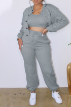Gris décontracté solide patchwork boucle col en U manches longues trois pièces
