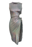 Silver Fashion Sexy Solid Bandage ausgehöhltes ärmelloses Kleid mit Stehkragen und Schlitz