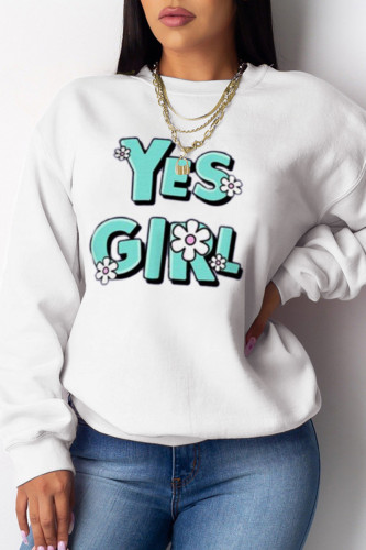 White Fashion Street Print Patchwork O Neck Tops